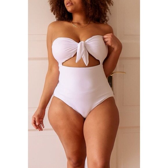 Aava Womens Valentina Swimsuit Sz Large White Front Tie One Piece Bandeau Beach - Picture 7 of 14